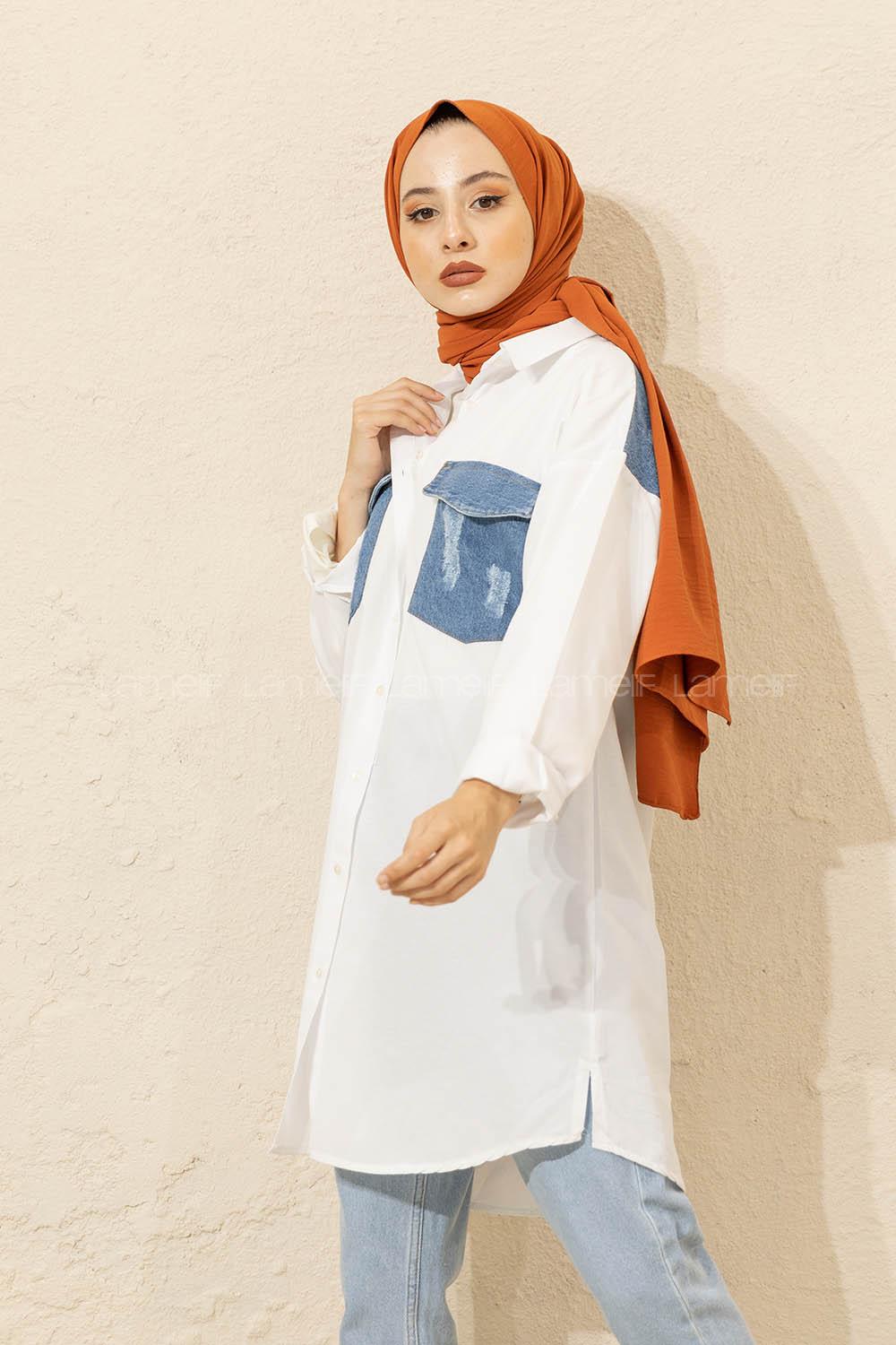 Modalamelif Kot Garnili Gömlek Beyaz