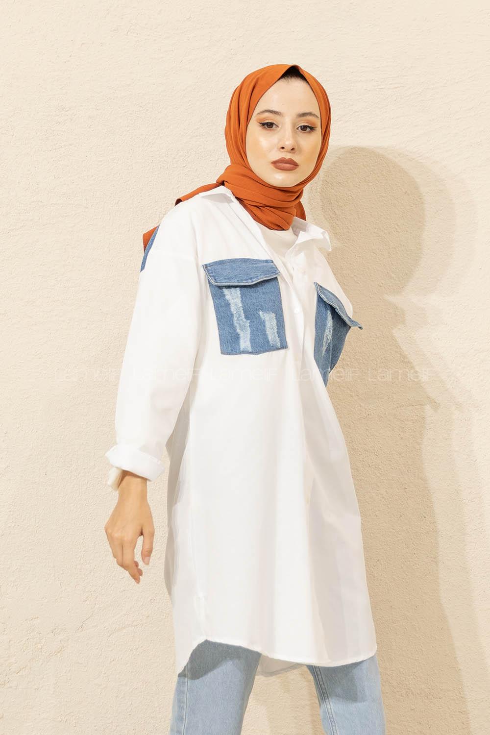 Modalamelif Kot Garnili Gömlek Beyaz