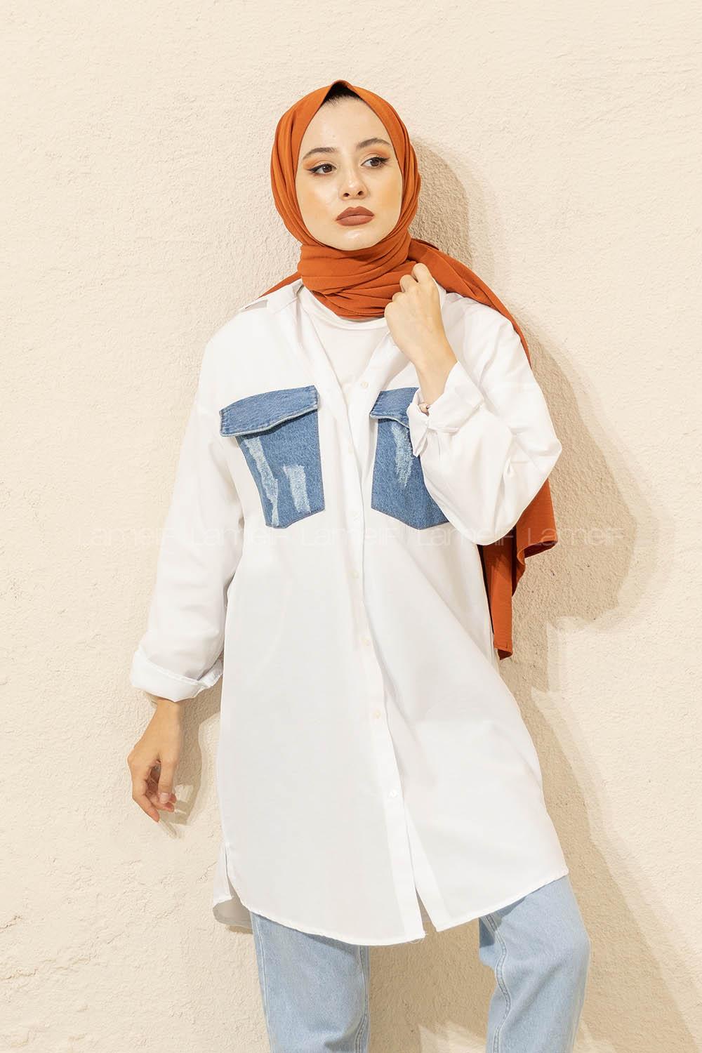 Modalamelif Kot Garnili Gömlek Beyaz