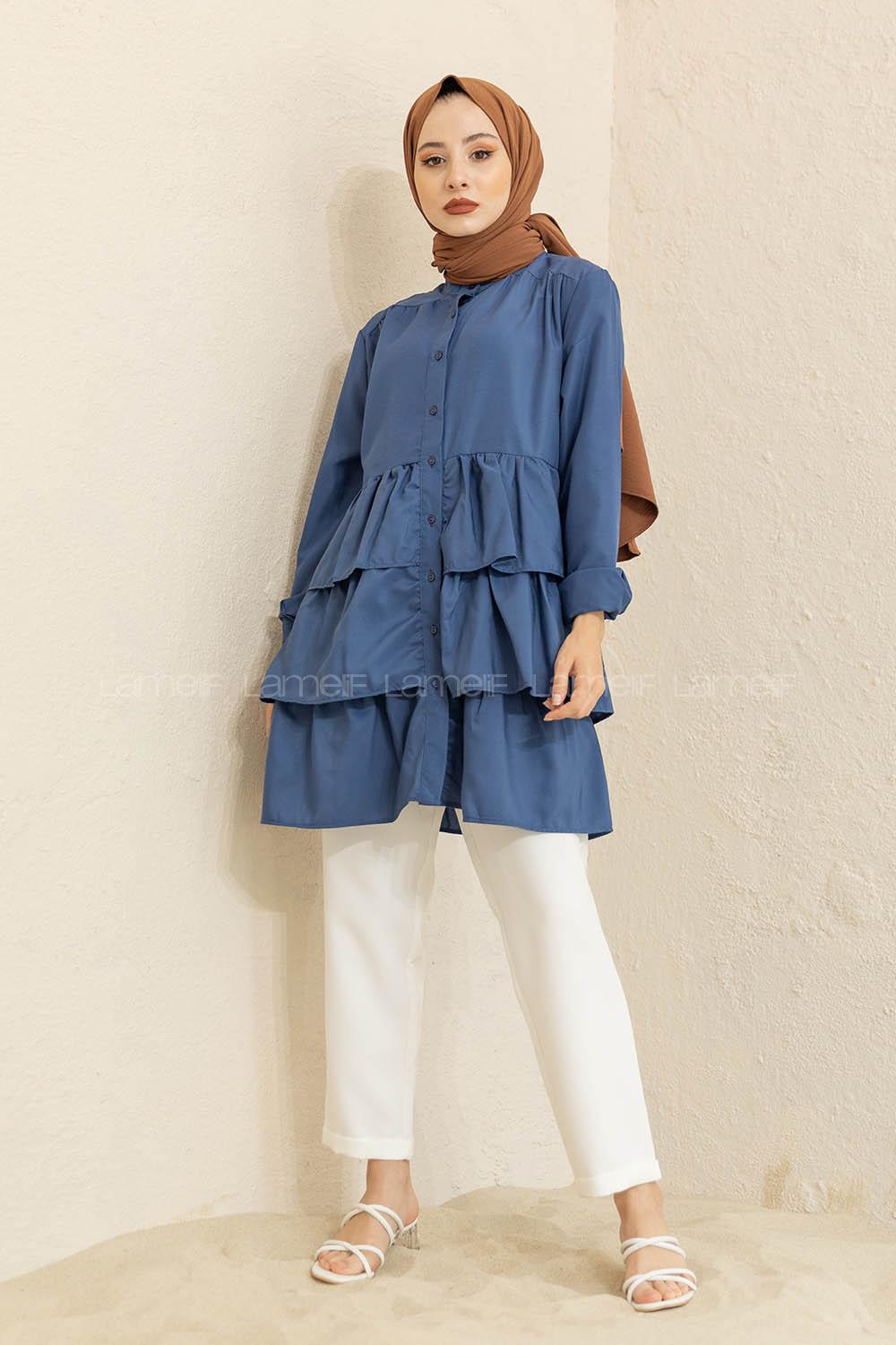 Modalamelif Önü Düğmeli Kat Kat Gömlek İndigo