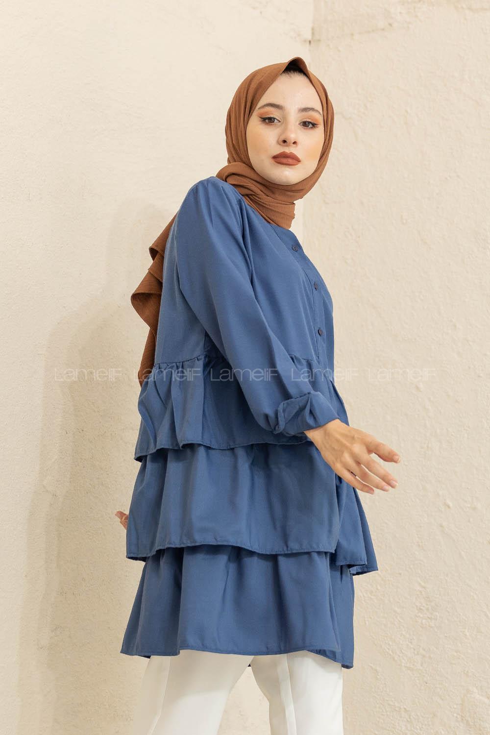 Modalamelif Önü Düğmeli Kat Kat Gömlek İndigo