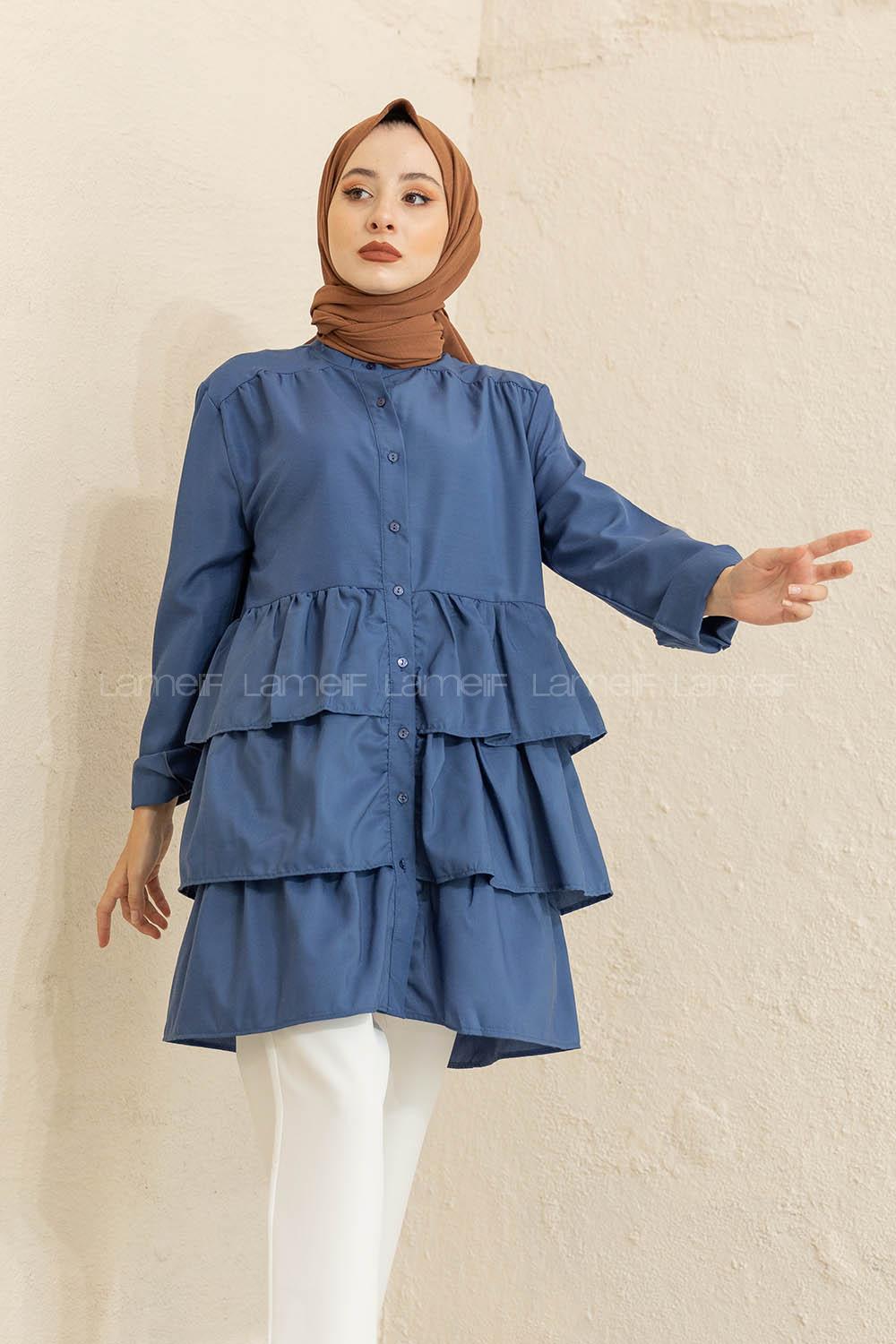 Modalamelif Önü Düğmeli Kat Kat Gömlek İndigo