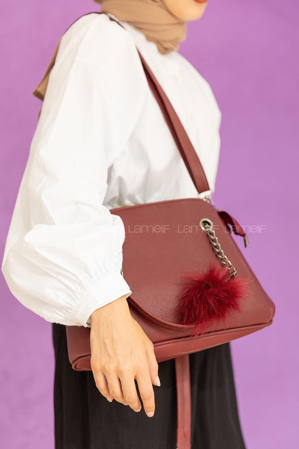 Modalamelif Ponpon Anahtarlıklı Çapraz Çanta Bordo