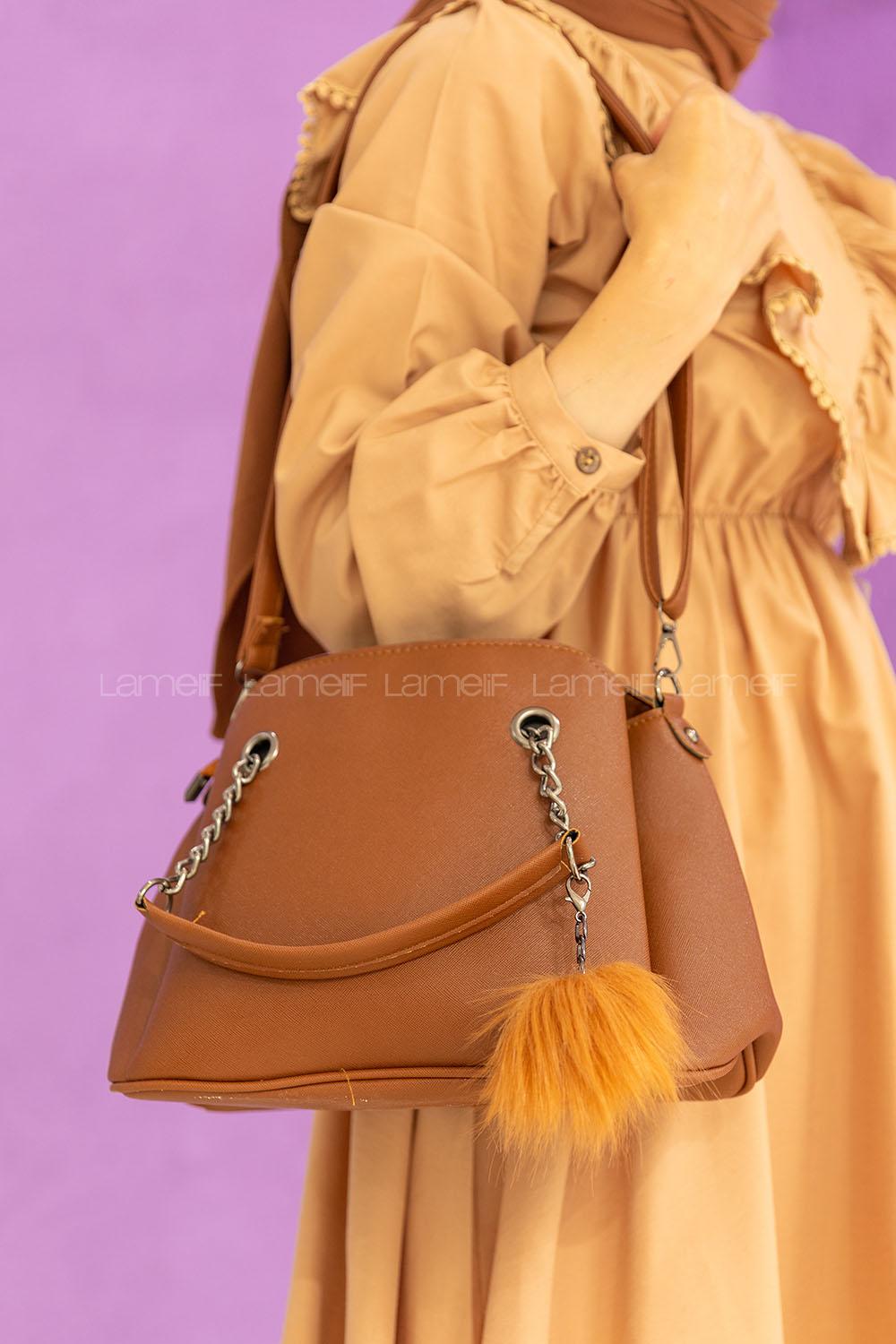 Modalamelif Ponpon Anahtarlıklı Çapraz Çanta Taba