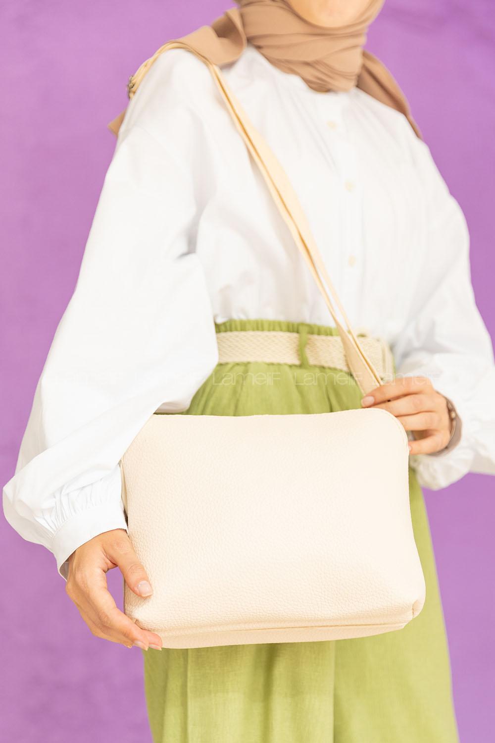 Modalamelif Üç Bölmeli Çapraz Çanta Krem