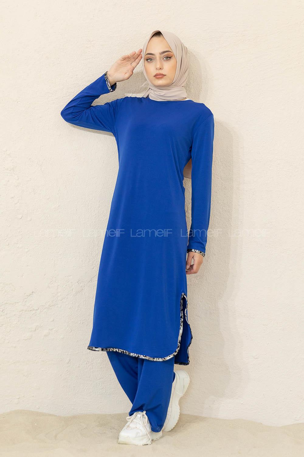 Modalamelif Yırtmaçlı Sandy İkili Takım Saks Mavisi