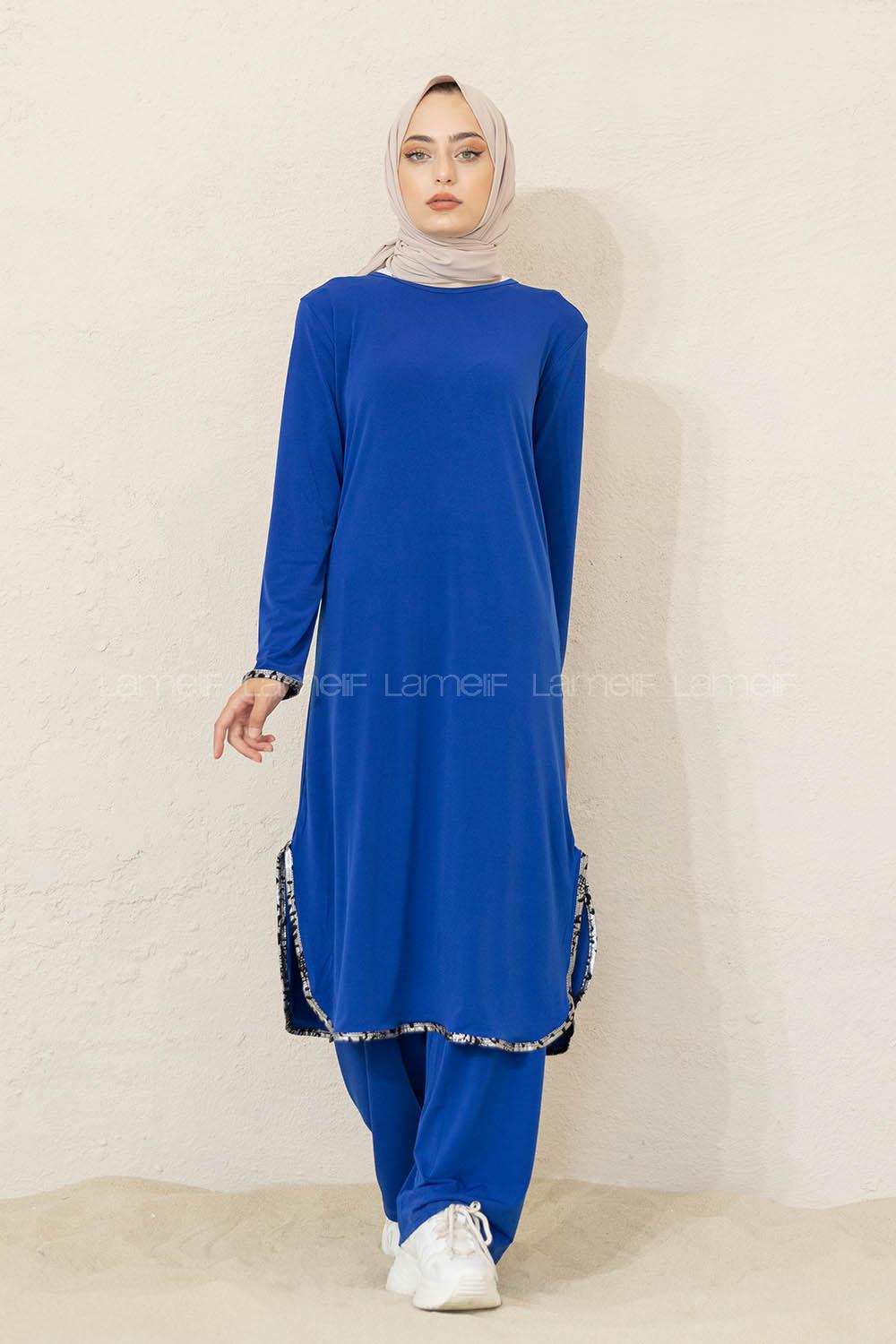 Modalamelif Yırtmaçlı Sandy İkili Takım Saks Mavisi