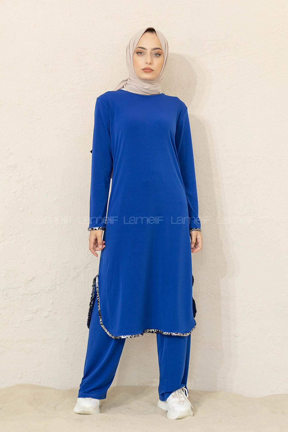 Modalamelif Yırtmaçlı Sandy İkili Takım Saks Mavisi