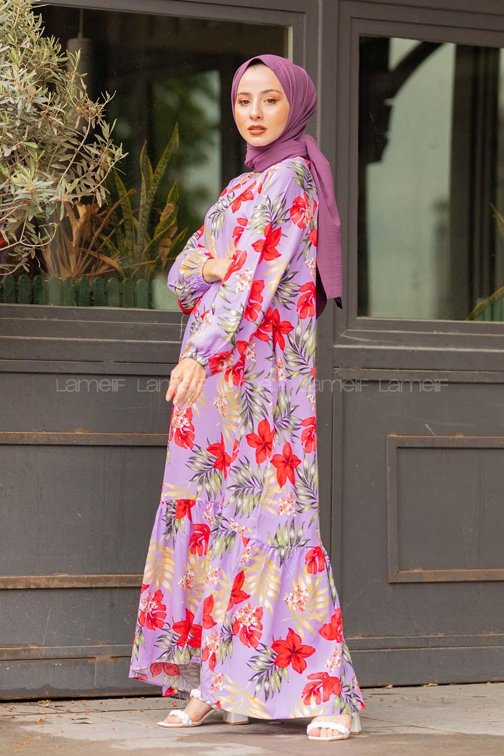 Modalamelif Balon Kol Çiçek Desenli Elbise Lila