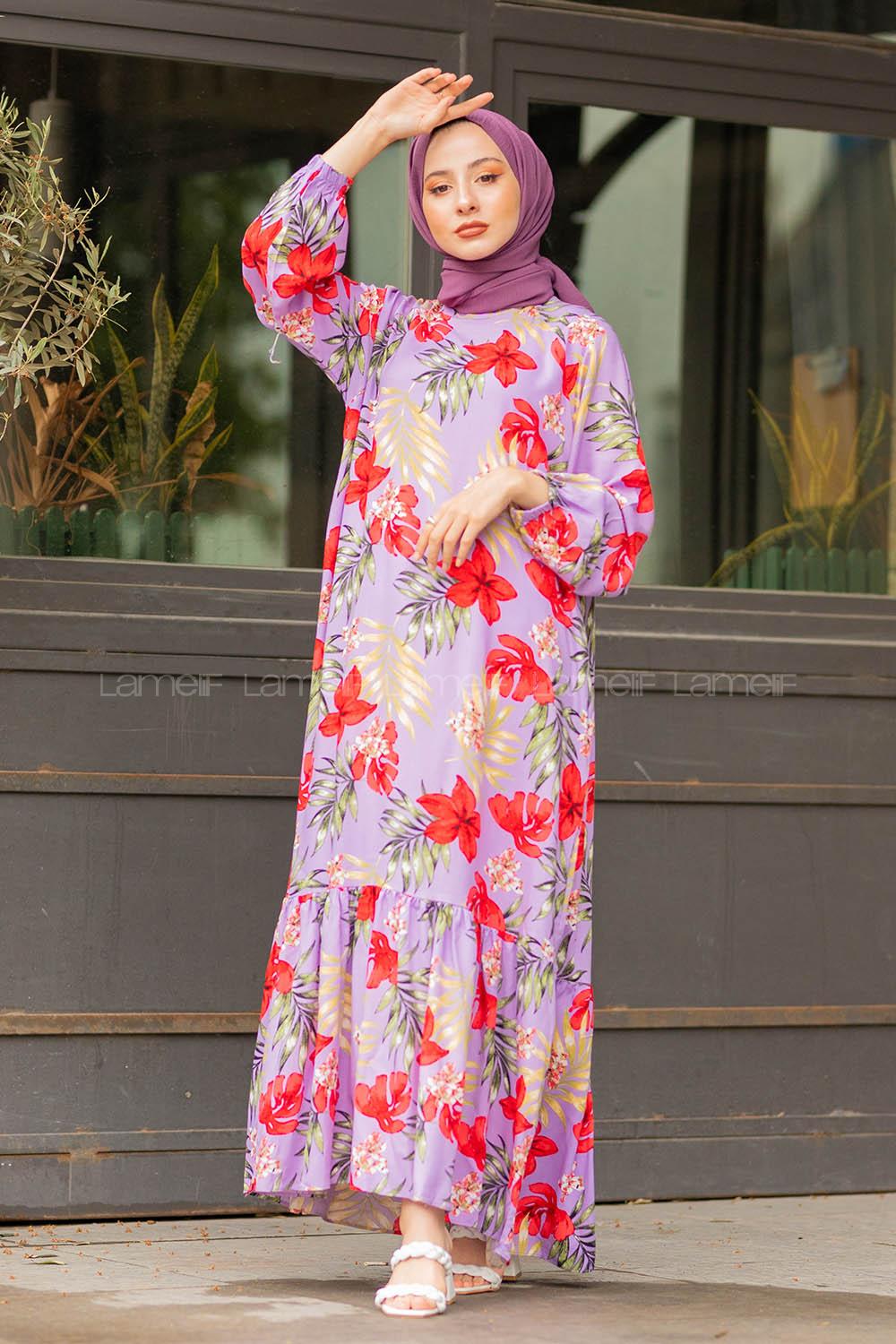 Modalamelif Balon Kol Çiçek Desenli Elbise Lila