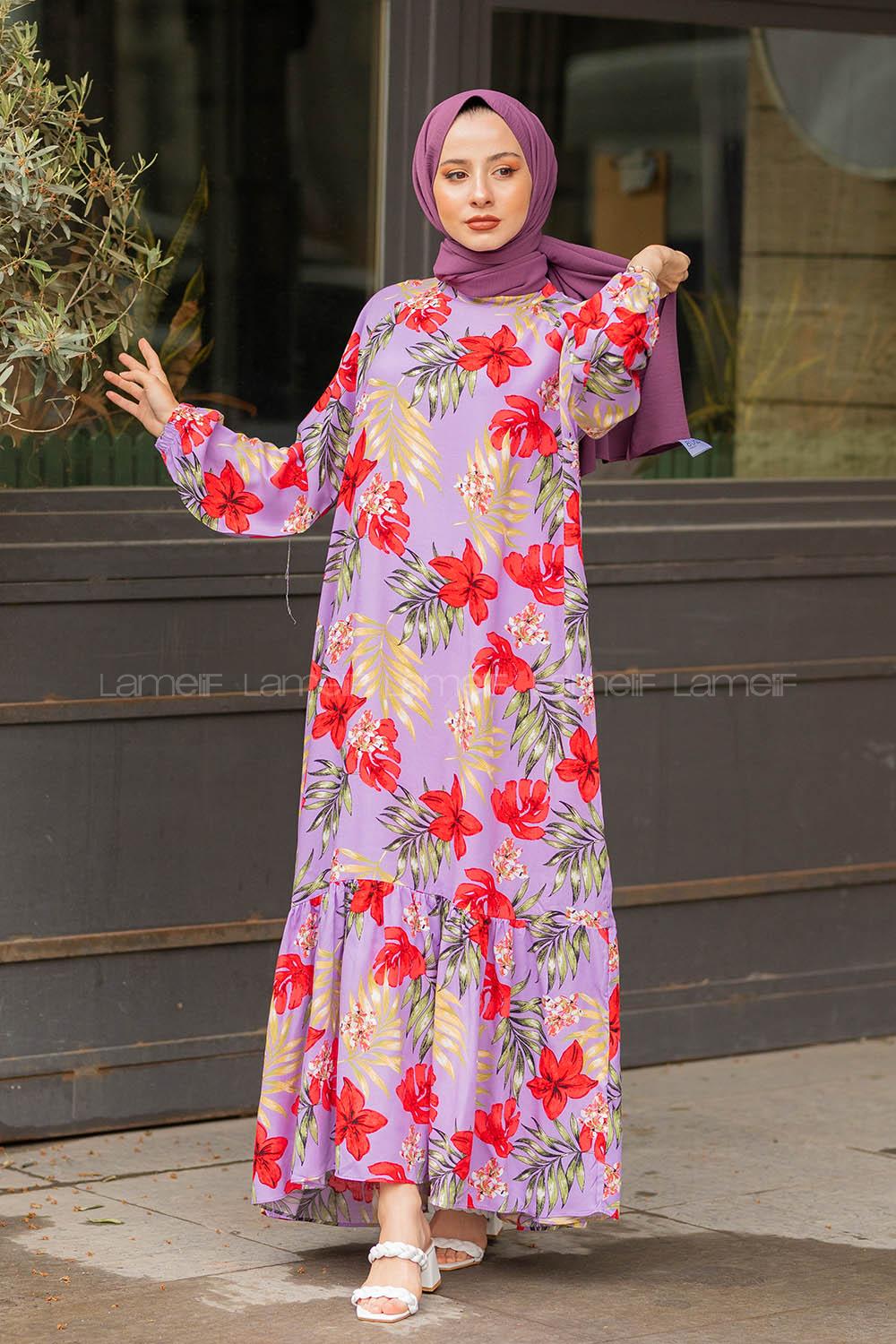 Modalamelif Balon Kol Çiçek Desenli Elbise Lila