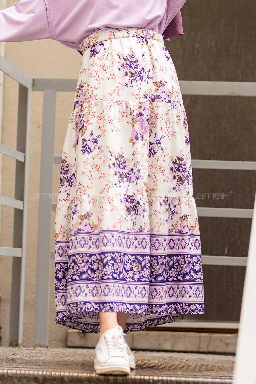 Modalamelif Beli Lastikli Desenli Çan Etek Mor