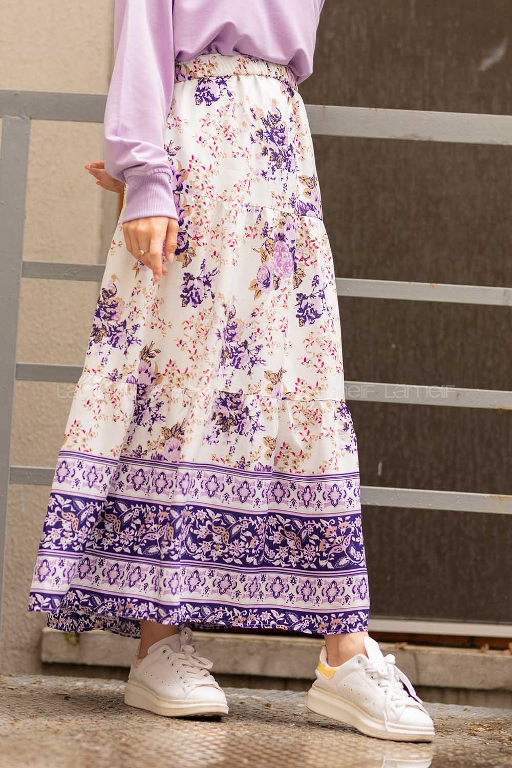 Modalamelif Beli Lastikli Desenli Çan Etek Mor