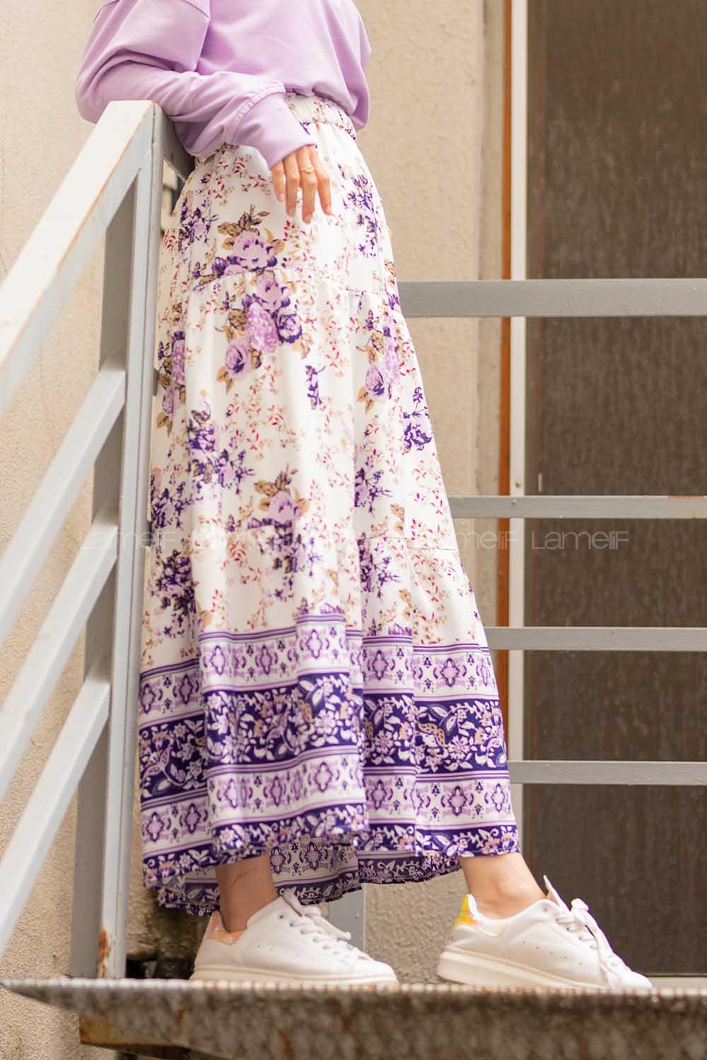 Modalamelif Beli Lastikli Desenli Çan Etek Mor