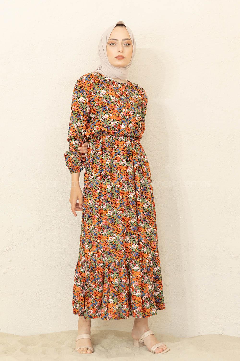 Modalamelif Çiçek Desen Elbise Oranj