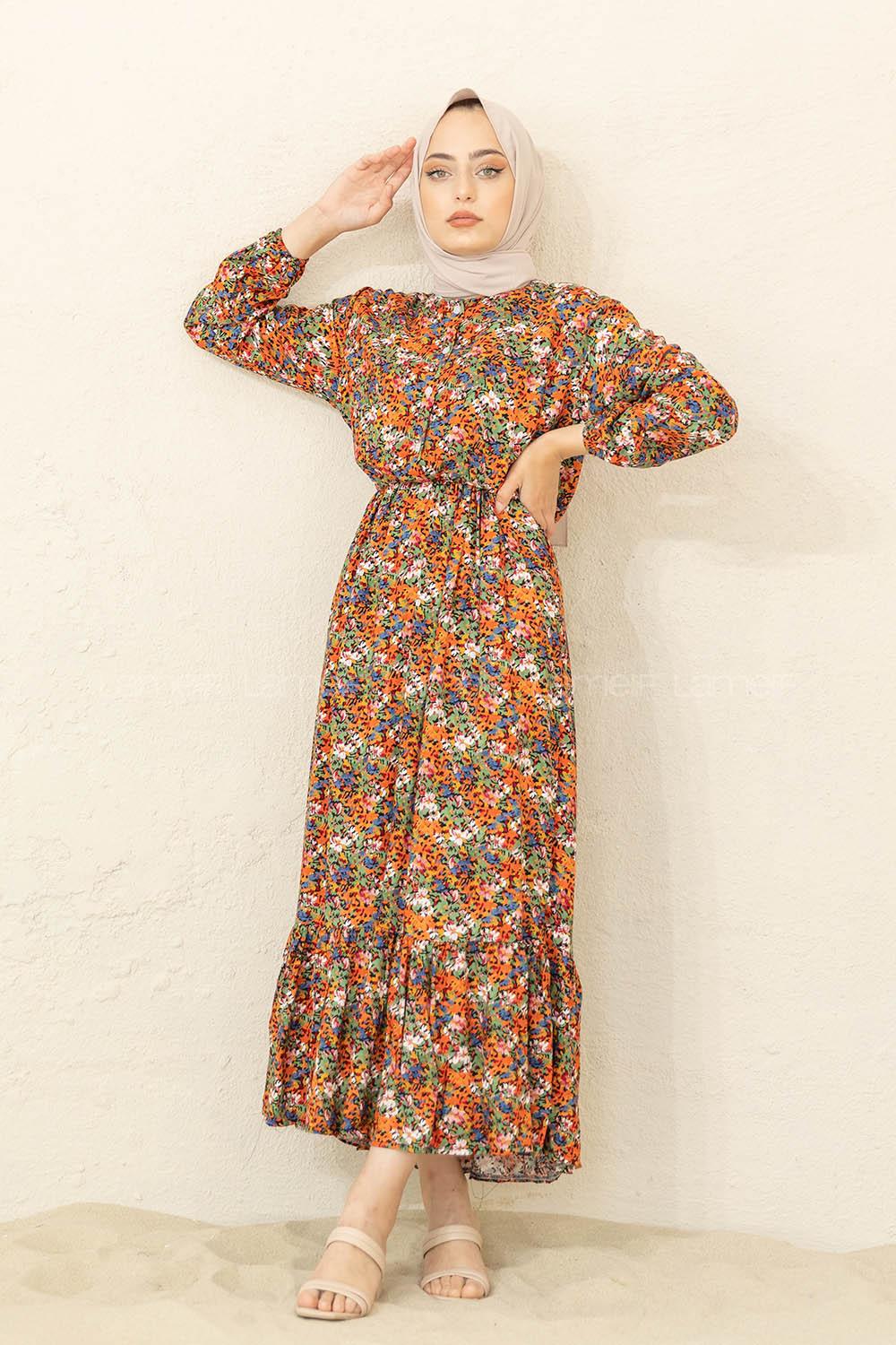 Modalamelif Çiçek Desen Elbise Oranj