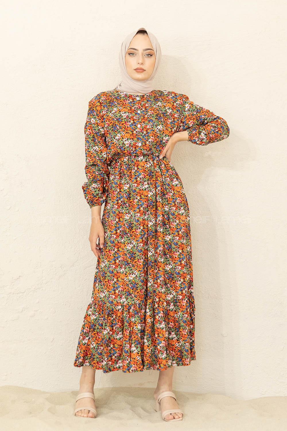 Modalamelif Çiçek Desen Elbise Oranj