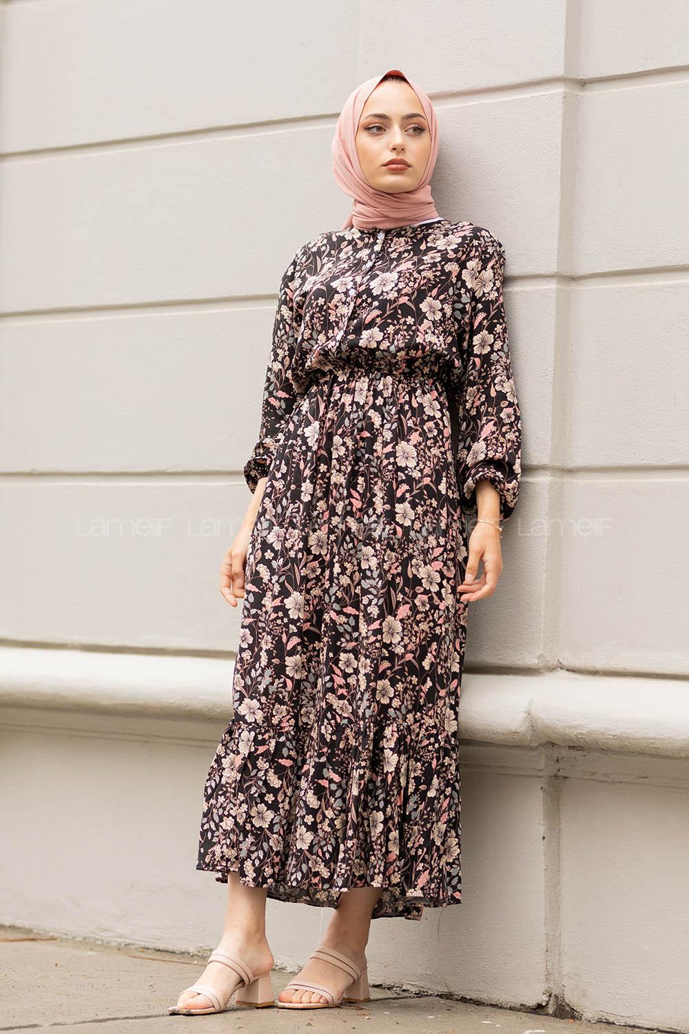 Modalamelif Çiçek Desen Elbise Siyah Pudra