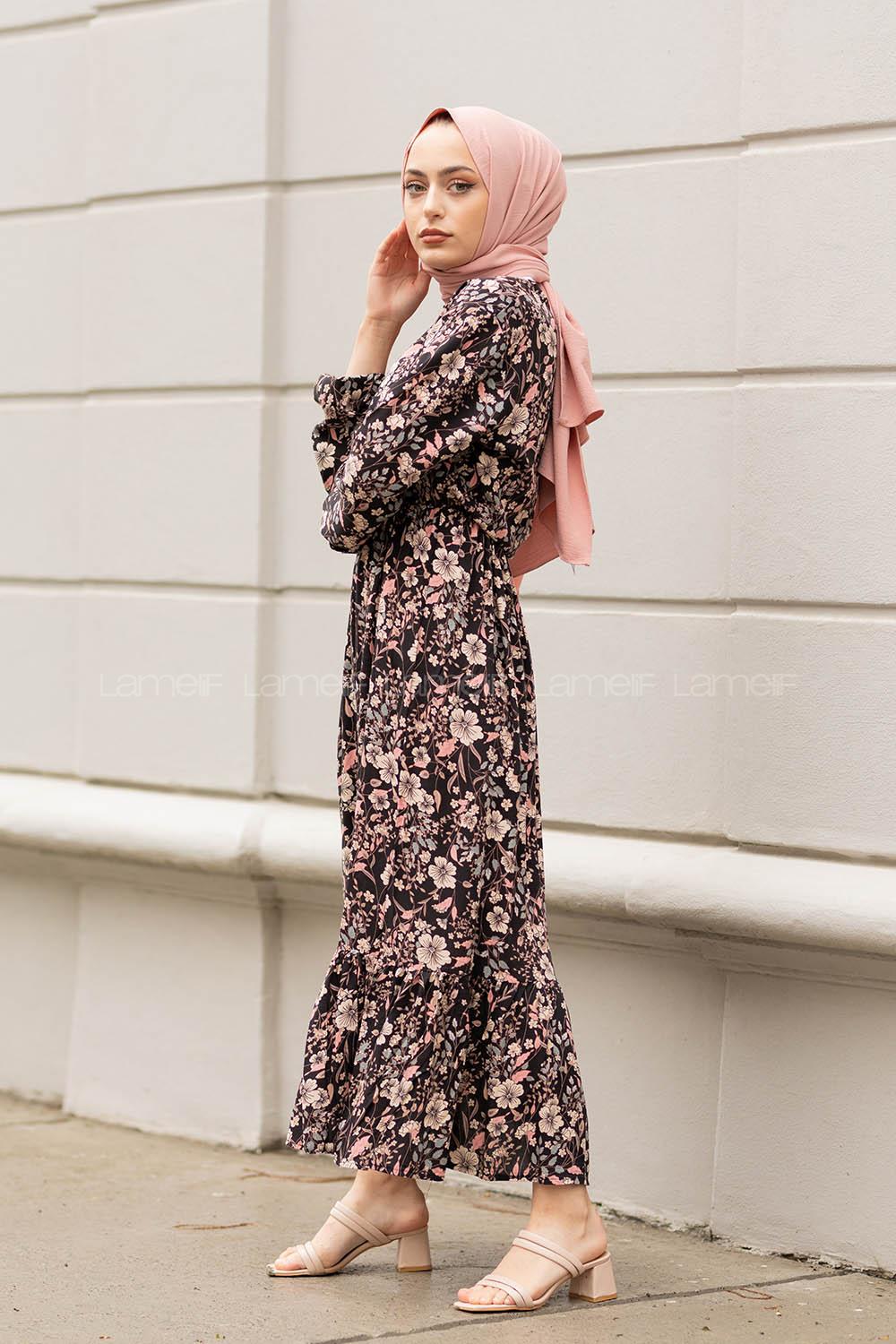 Modalamelif Çiçek Desen Elbise Siyah Pudra