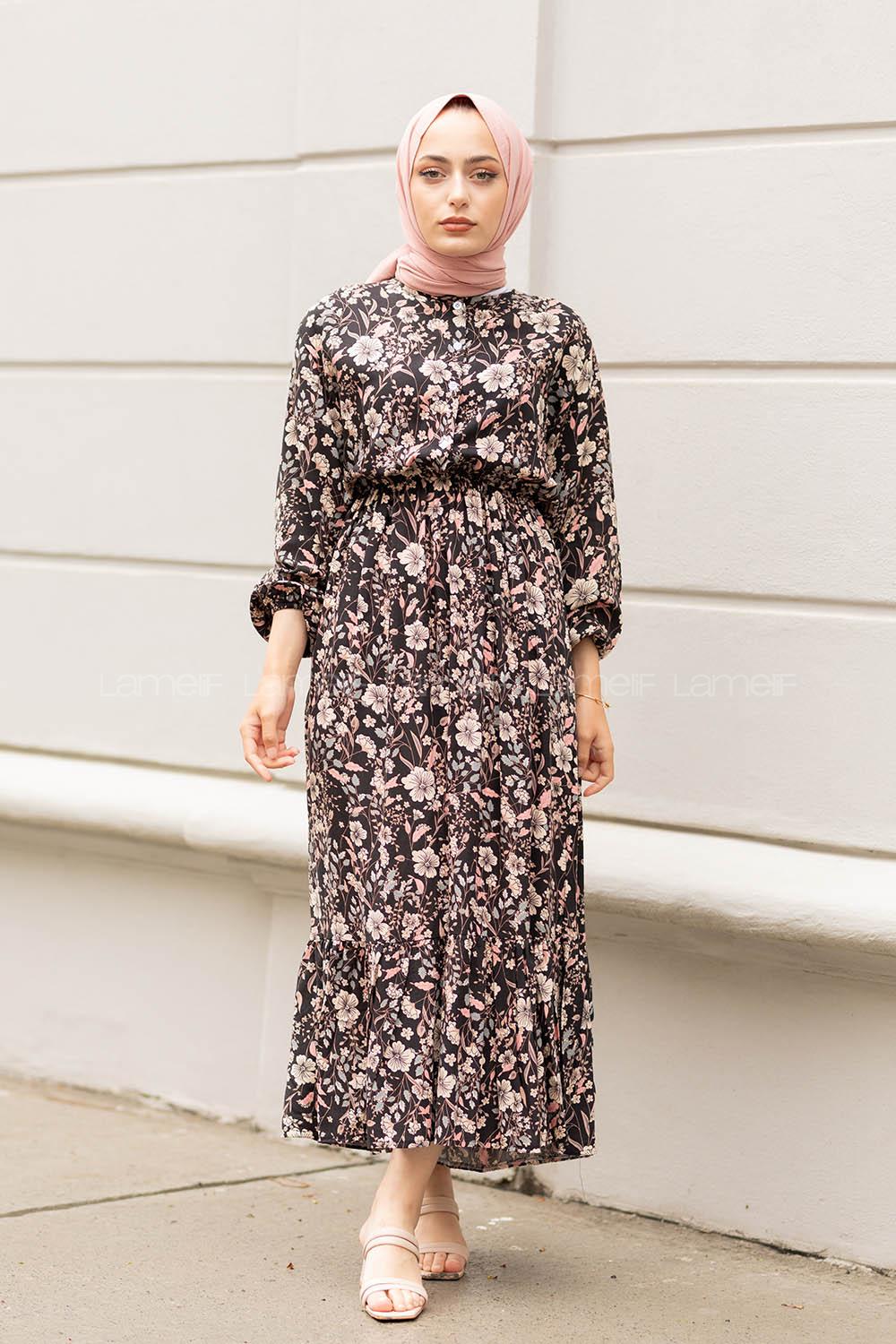 Modalamelif Çiçek Desen Elbise Siyah Pudra
