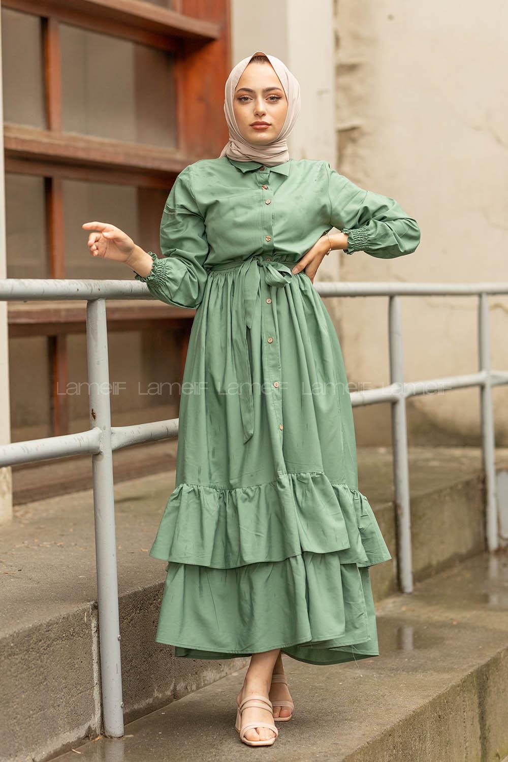 Modalamelif Eteği Fırfırlı Elbise Çağla Yeşili
