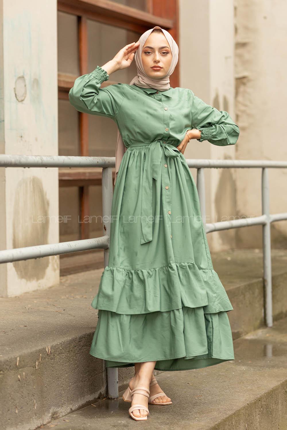 Modalamelif Eteği Fırfırlı Elbise Çağla Yeşili