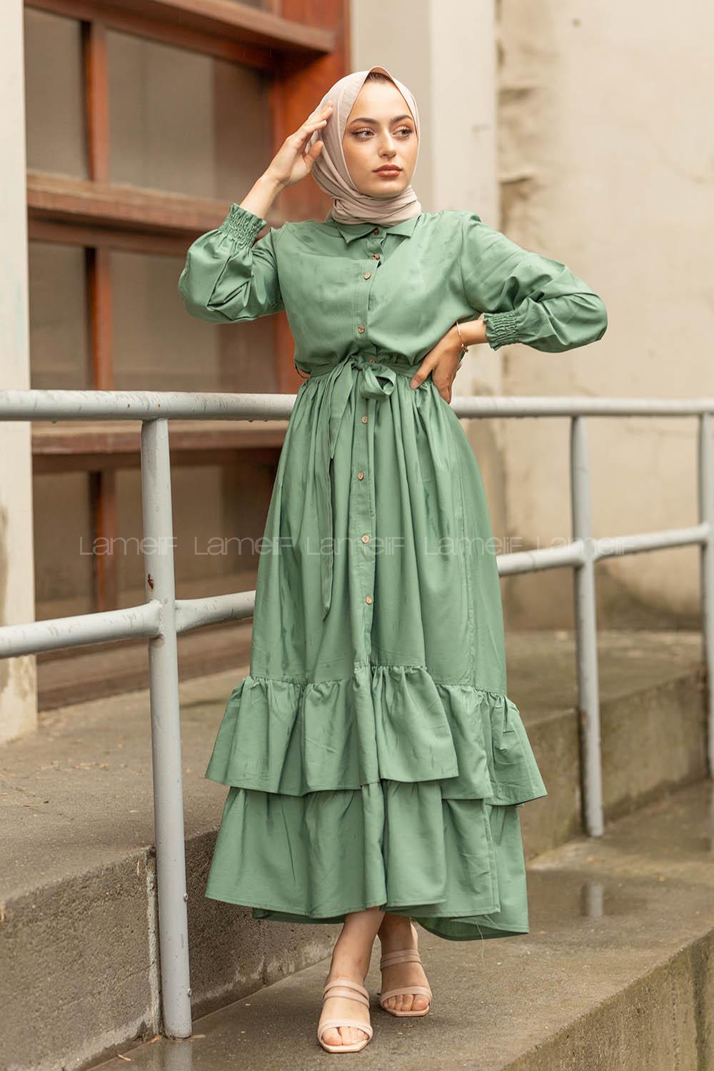 Modalamelif Eteği Fırfırlı Elbise Çağla Yeşili