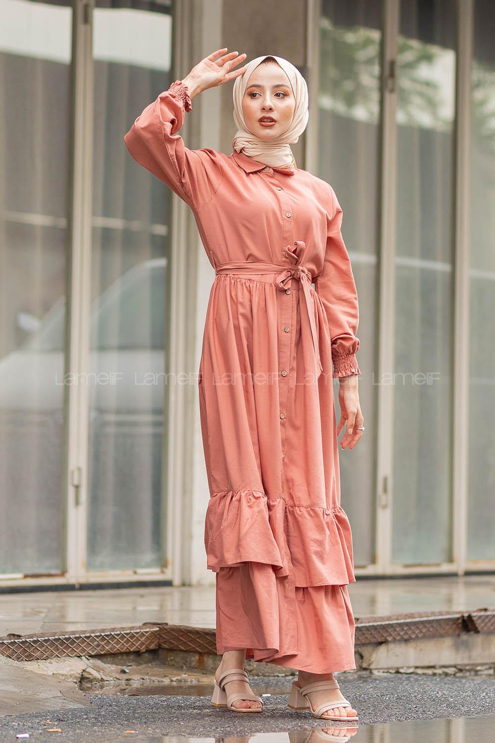 Modalamelif Eteği Fırfırlı Elbise Gül Kurusu