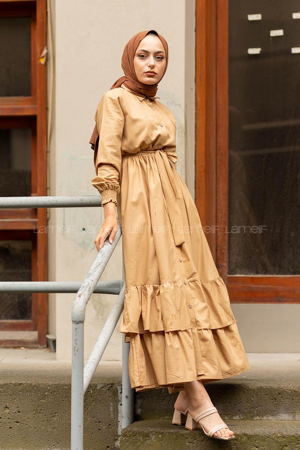 Modalamelif Eteği Fırfırlı Elbise Sütlü Kahve