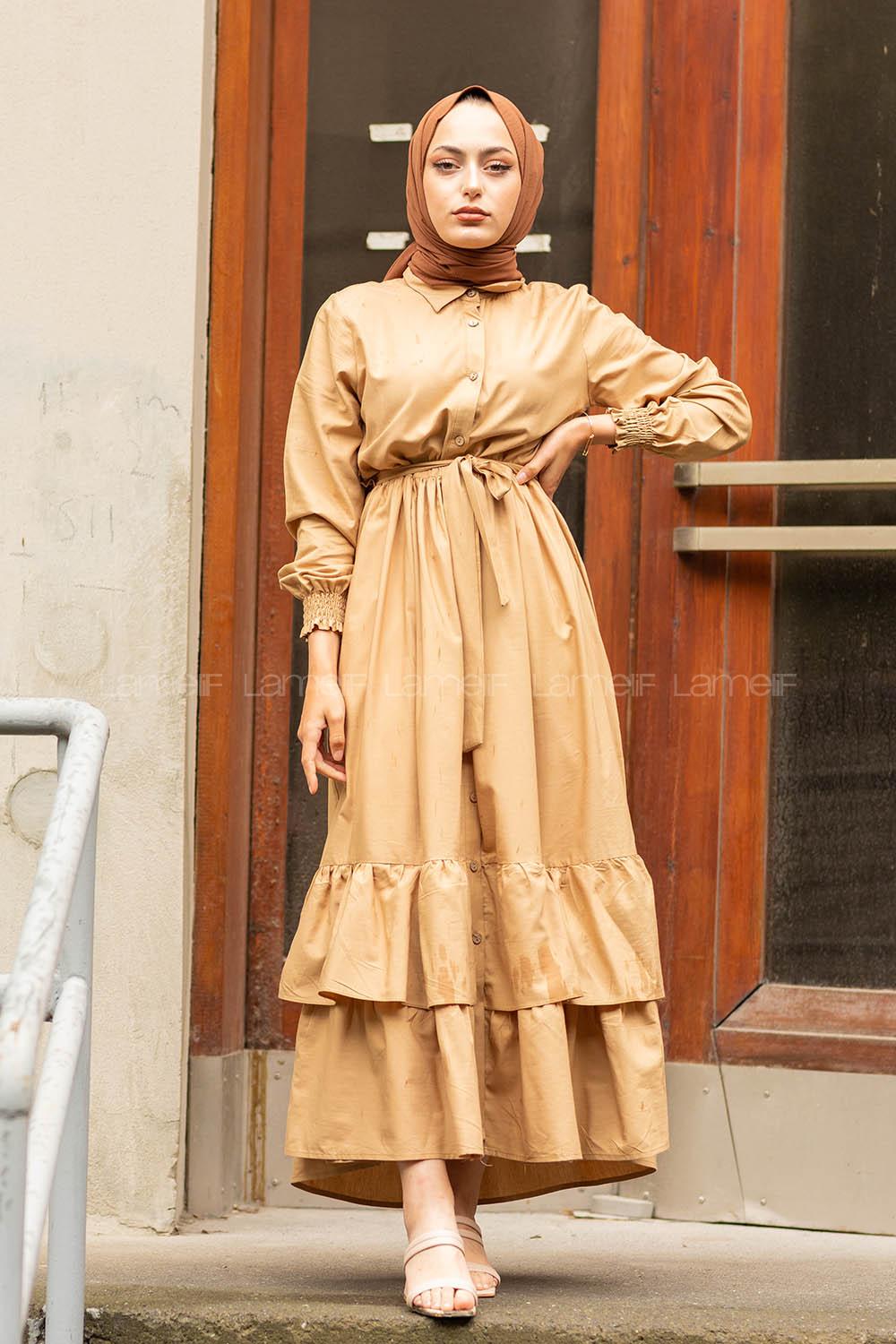 Modalamelif Eteği Fırfırlı Elbise Sütlü Kahve