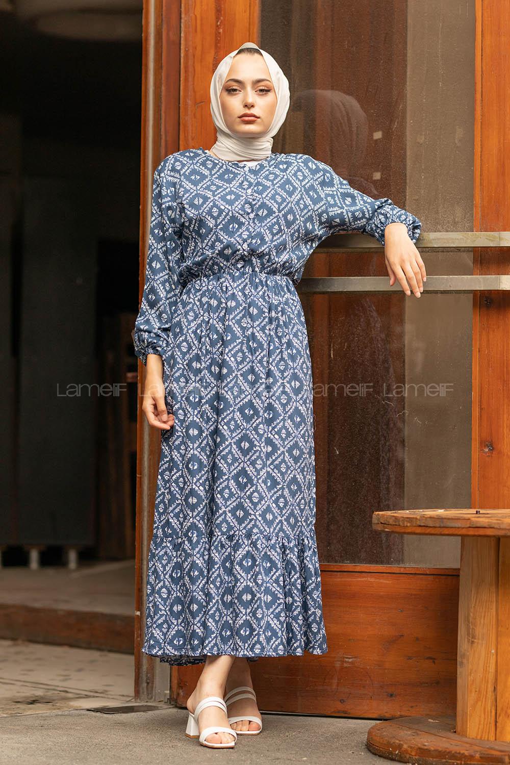Modalamelif Etnik Desen Elbise İndigo Ekru