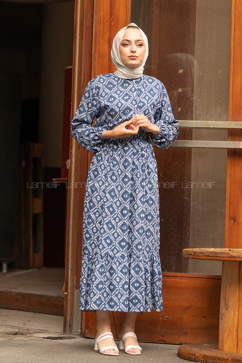 Modalamelif Etnik Desen Elbise İndigo Ekru