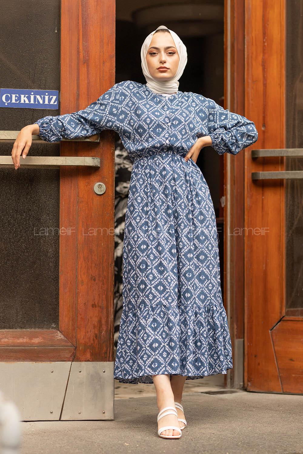 Modalamelif Etnik Desen Elbise İndigo Ekru