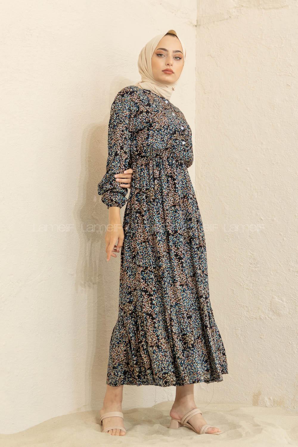 Modalamelif Mini Yaprak Desenli Elbise Siyah Turkuaz