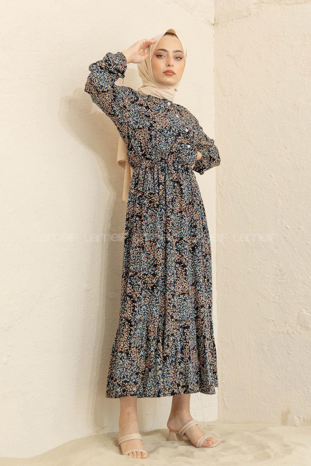 Modalamelif Mini Yaprak Desenli Elbise Siyah Turkuaz