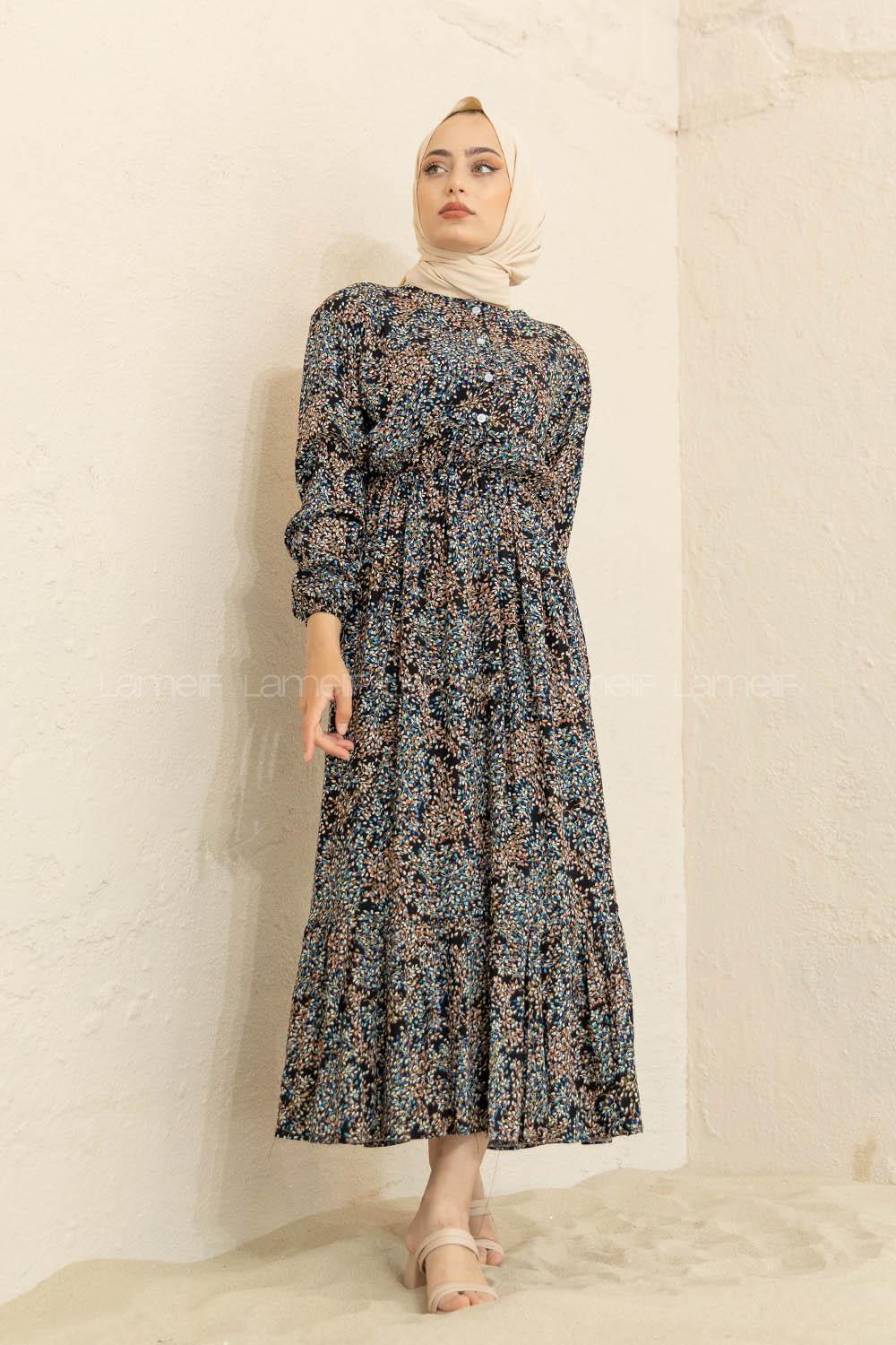 Modalamelif Mini Yaprak Desenli Elbise Siyah Turkuaz