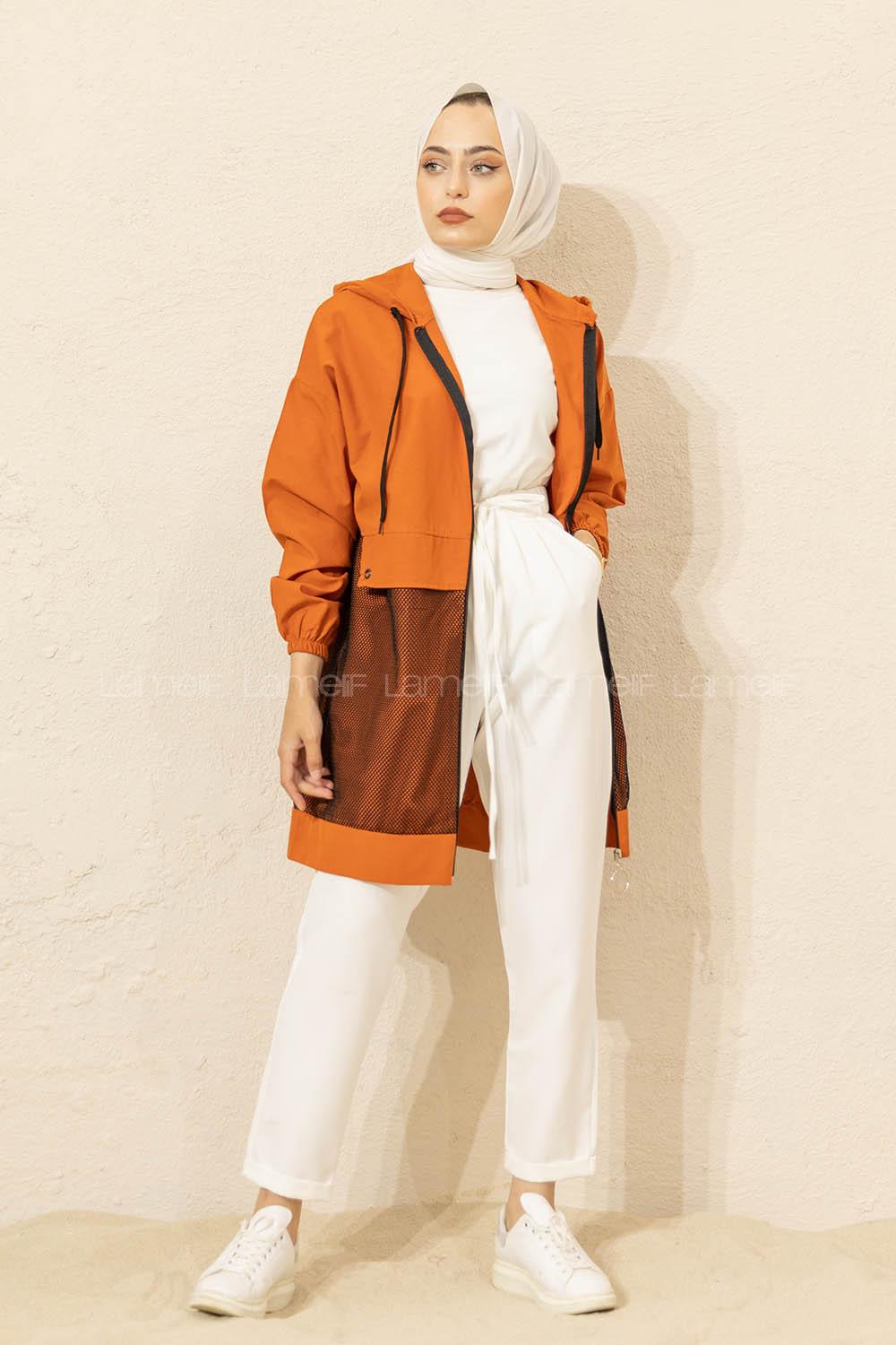 Modalamelif Önü File Detaylı Fermuarlı Hırka Kiremit