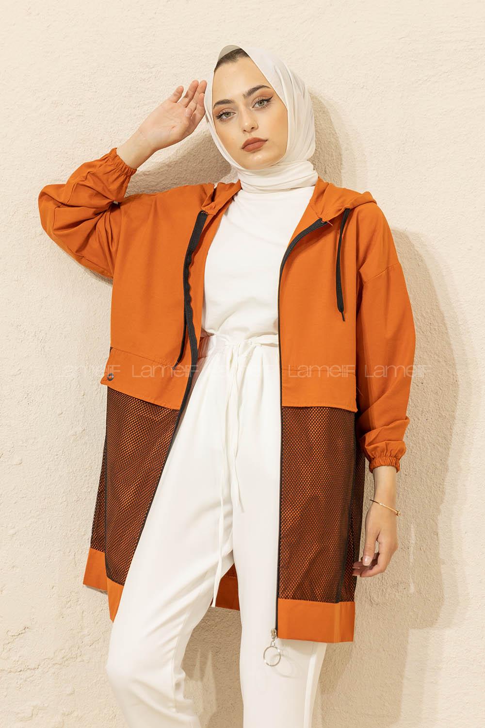 Modalamelif Önü File Detaylı Fermuarlı Hırka Kiremit