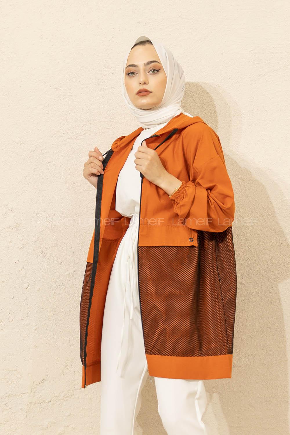 Modalamelif Önü File Detaylı Fermuarlı Hırka Kiremit