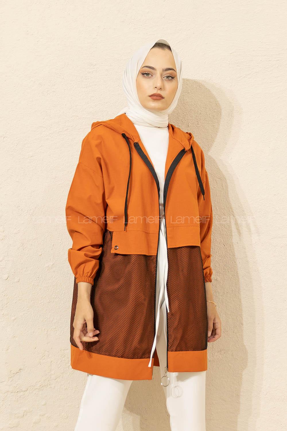 Modalamelif Önü File Detaylı Fermuarlı Hırka Kiremit