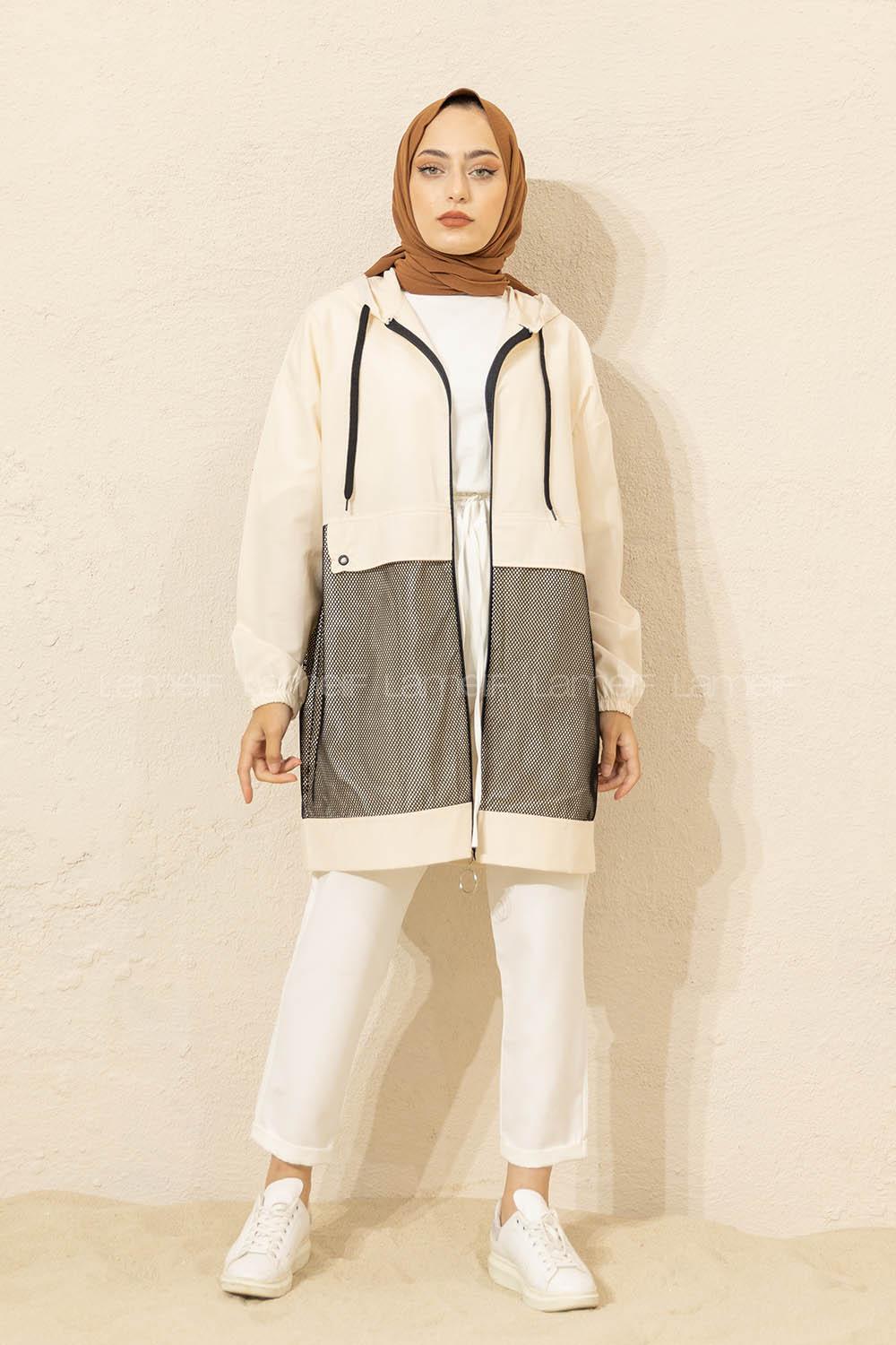 Modalamelif Önü File Detaylı Fermuarlı Hırka Krem