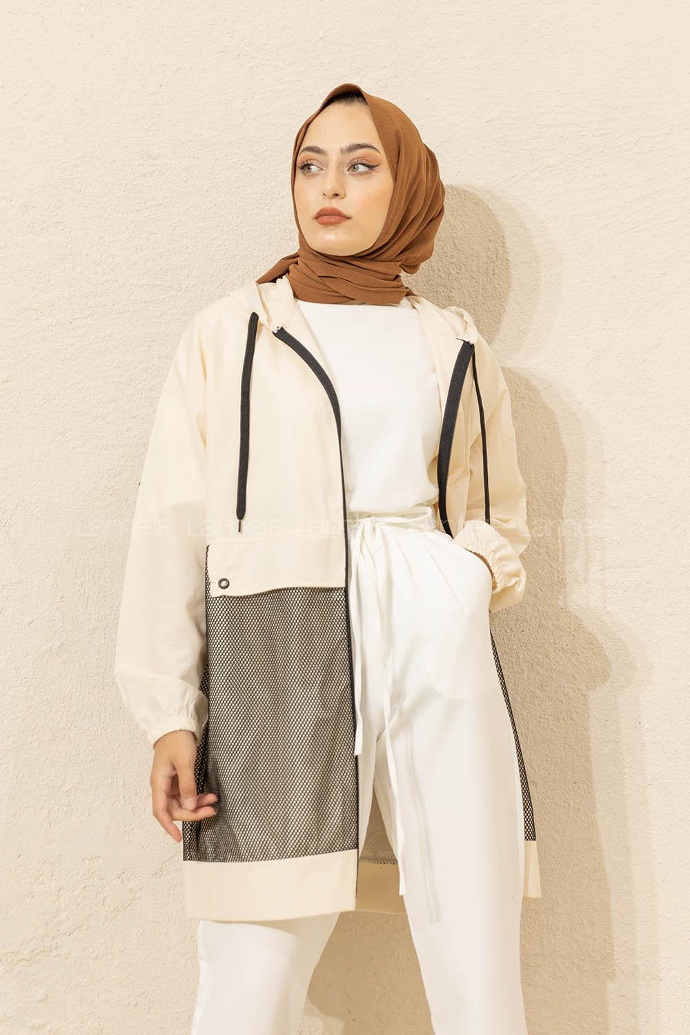 Modalamelif Önü File Detaylı Fermuarlı Hırka Krem