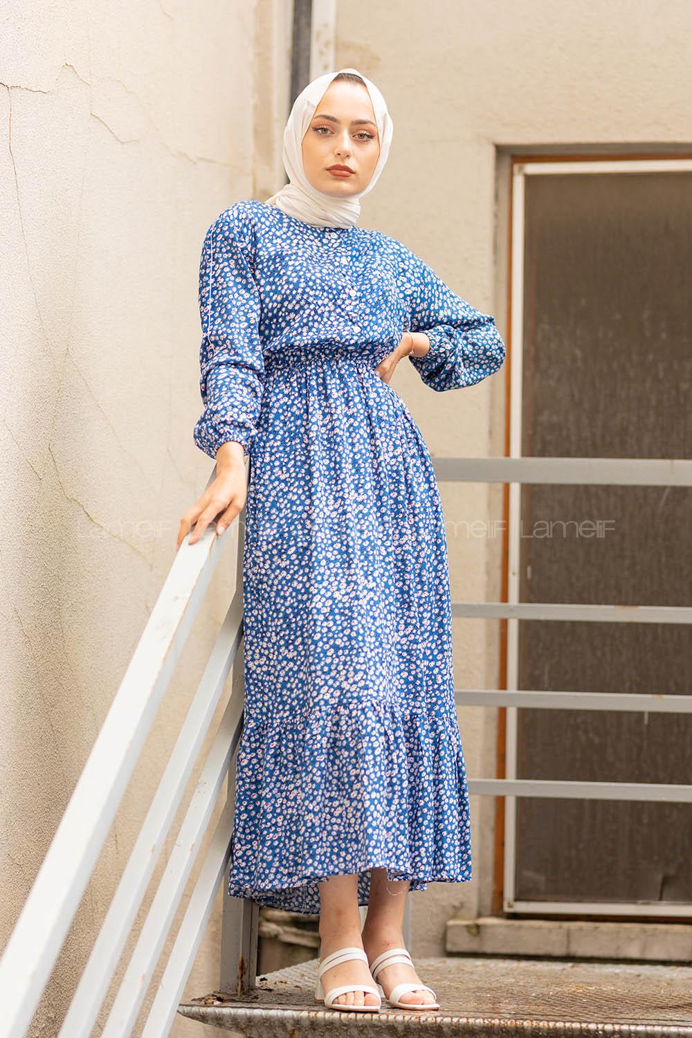 Modalamelif  Papatya Desen Elbise Ekru Mavi