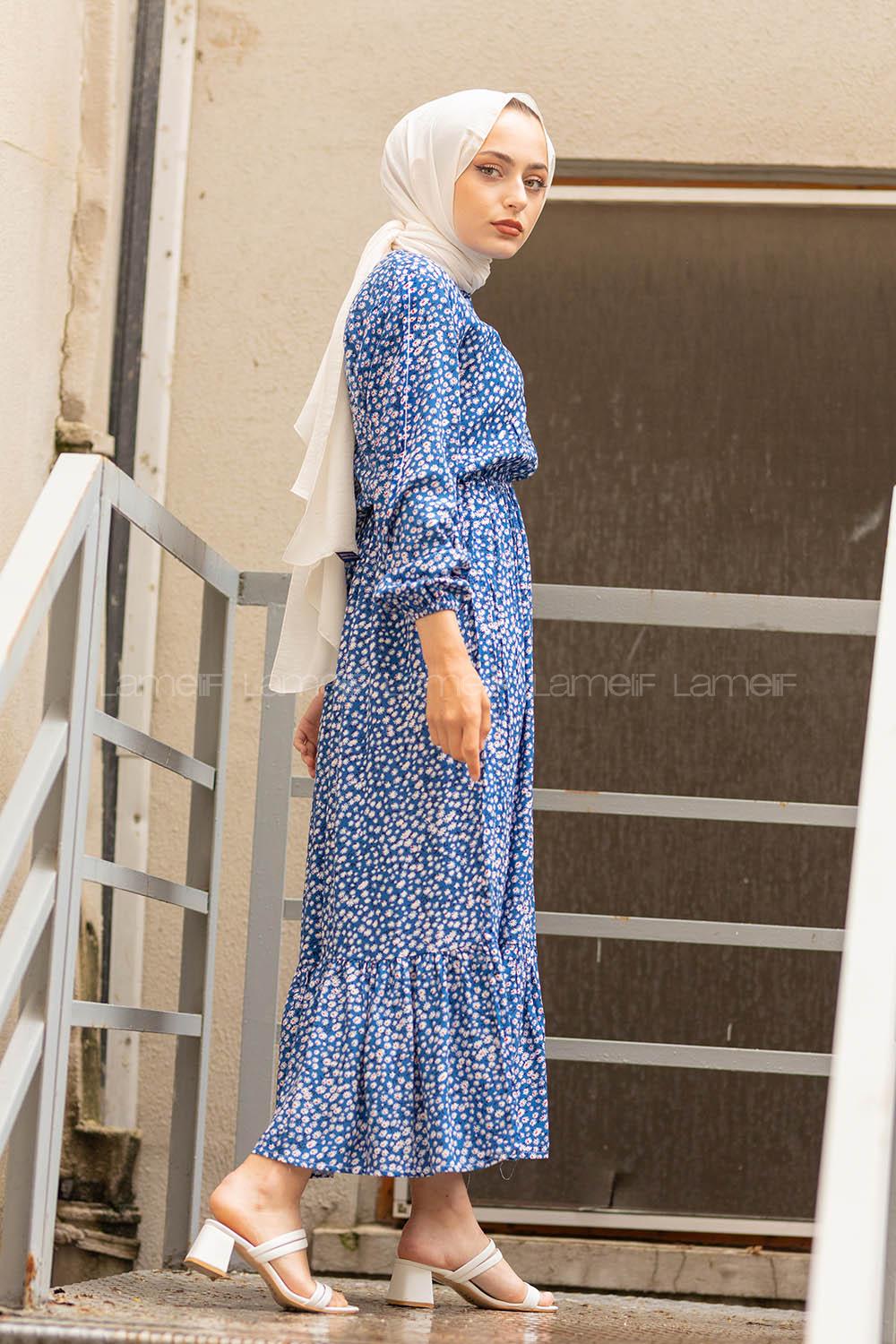 Modalamelif  Papatya Desen Elbise Ekru Mavi