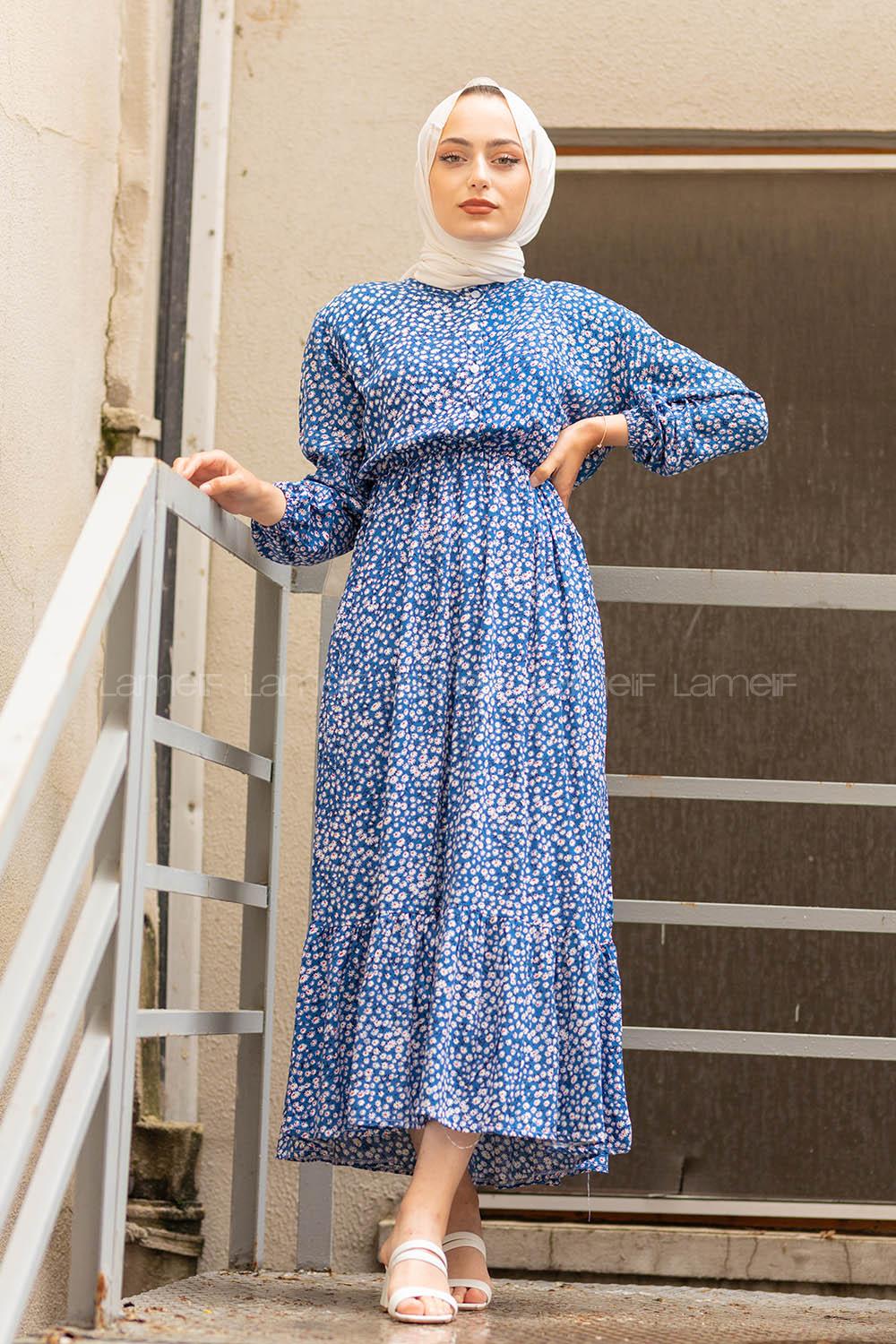 Modalamelif  Papatya Desen Elbise Ekru Mavi