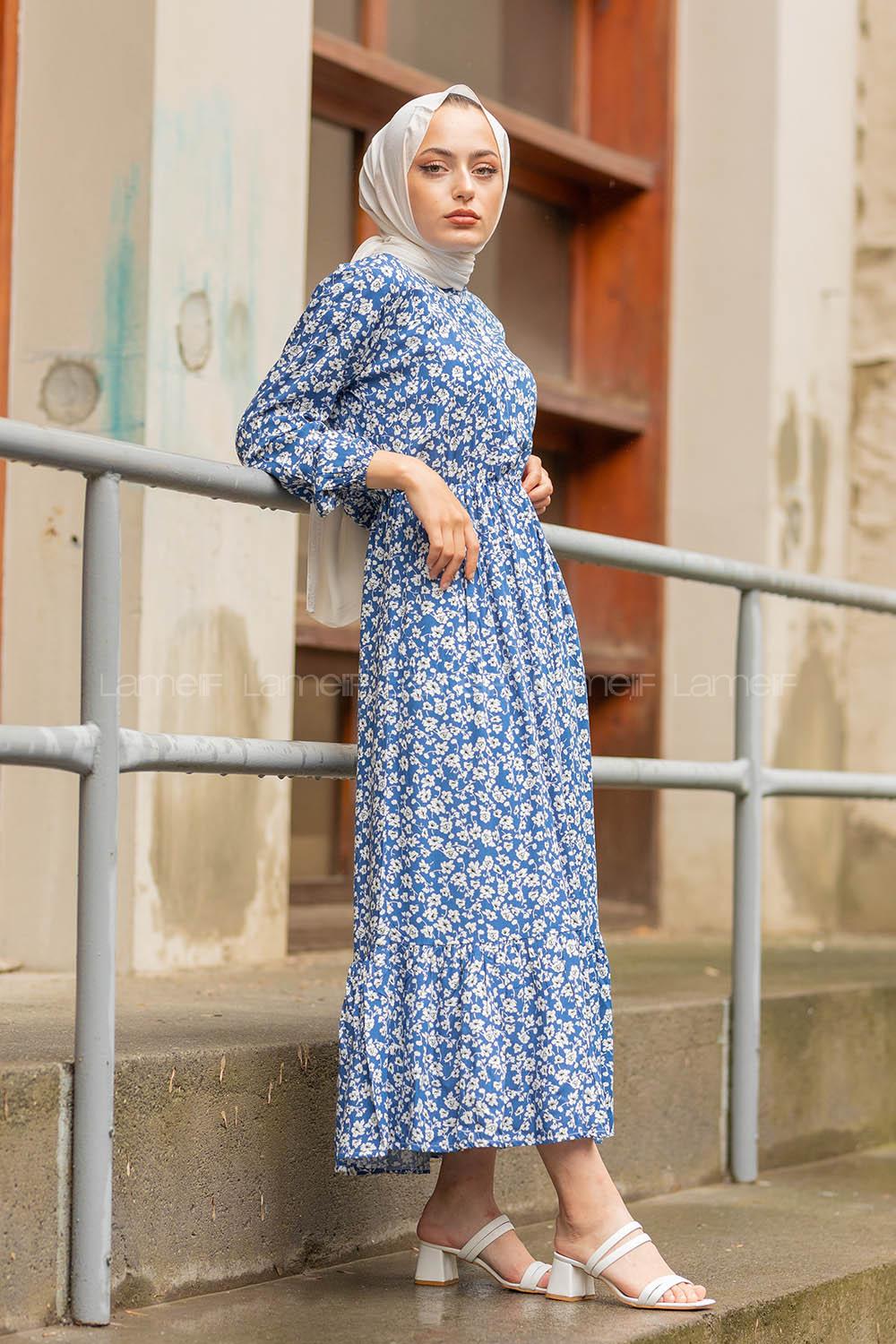 Modalamelif Papatya Desen Elbise İndigo