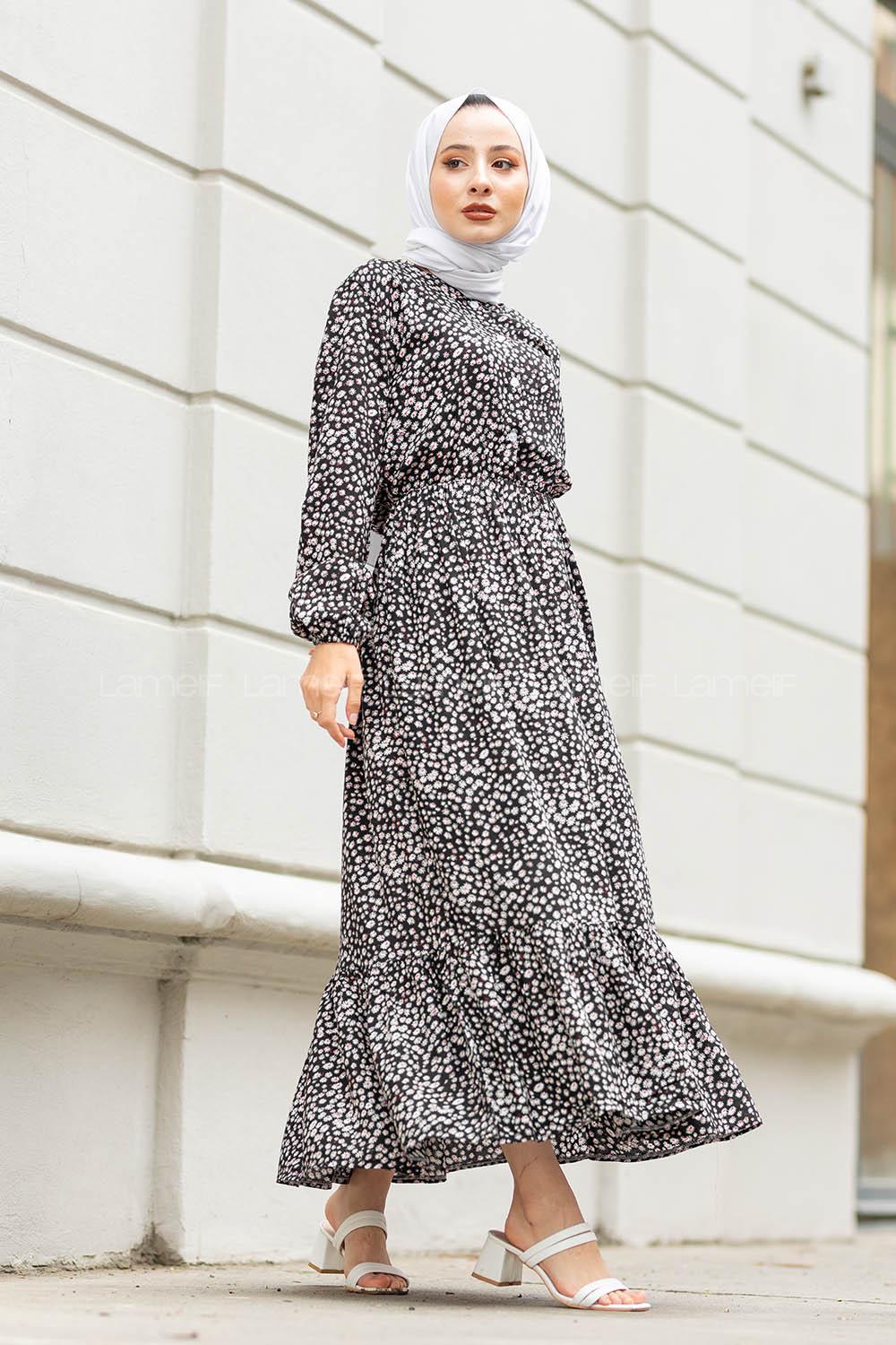 Modalamelif  Papatya Desen Elbise Siyah Kırmızı