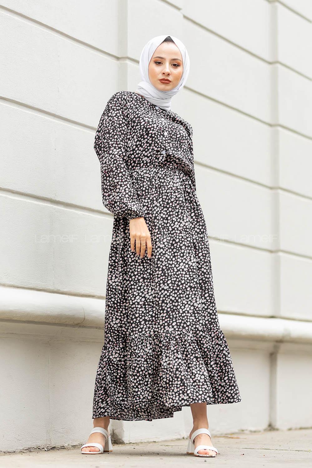 Modalamelif  Papatya Desen Elbise Siyah Kırmızı