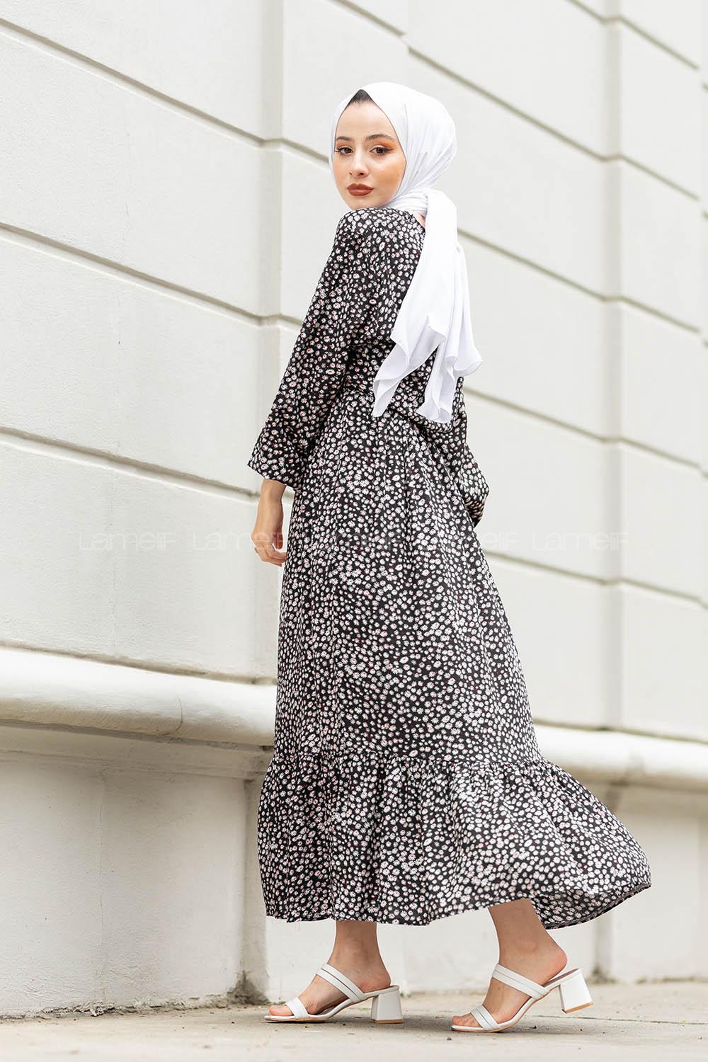 Modalamelif  Papatya Desen Elbise Siyah Kırmızı