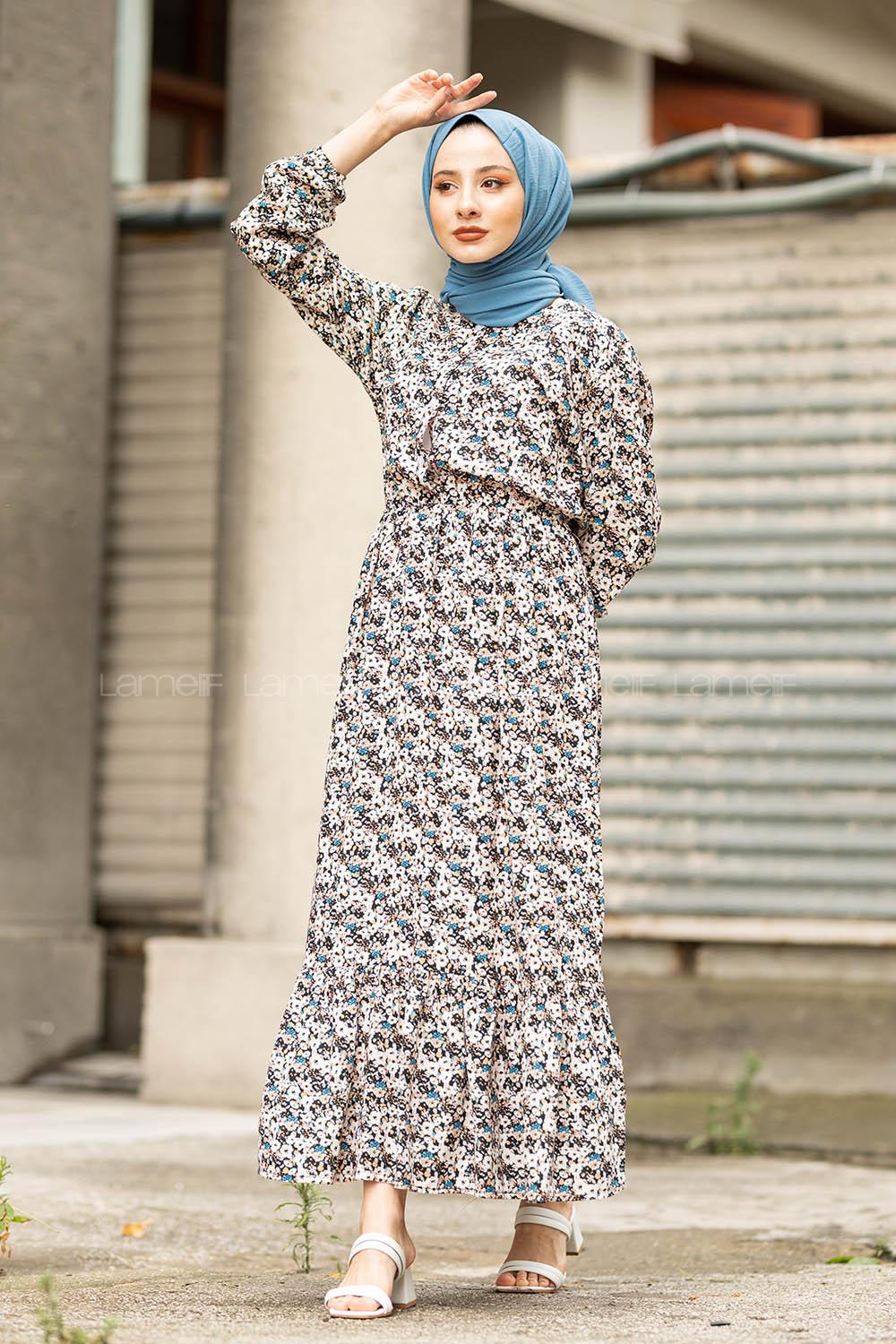 Modalamelif Papatya Desenli  Elbise Ekru Turkuaz